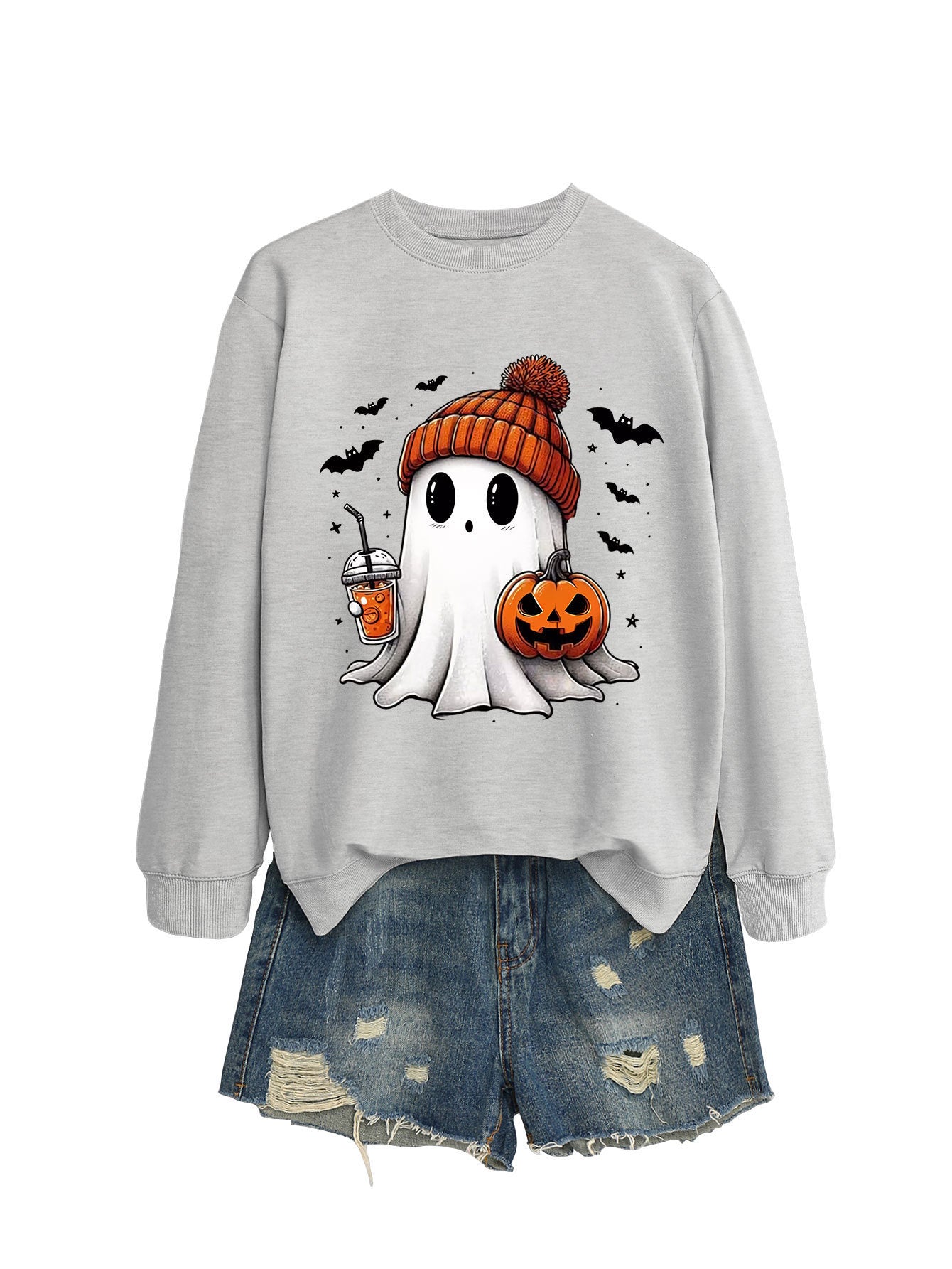 Long Sleeve Milk Tea Pumpkin Bat Sweatshirt