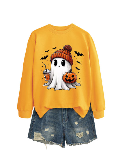 Long Sleeve Milk Tea Pumpkin Bat Sweatshirt